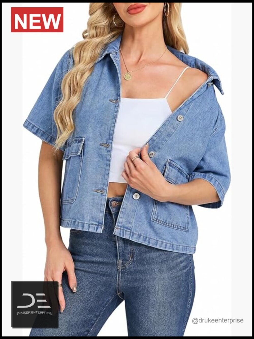 Crop Denim Jacket Short Sleeve Boxy Fit Collared Jean Top with Pockets